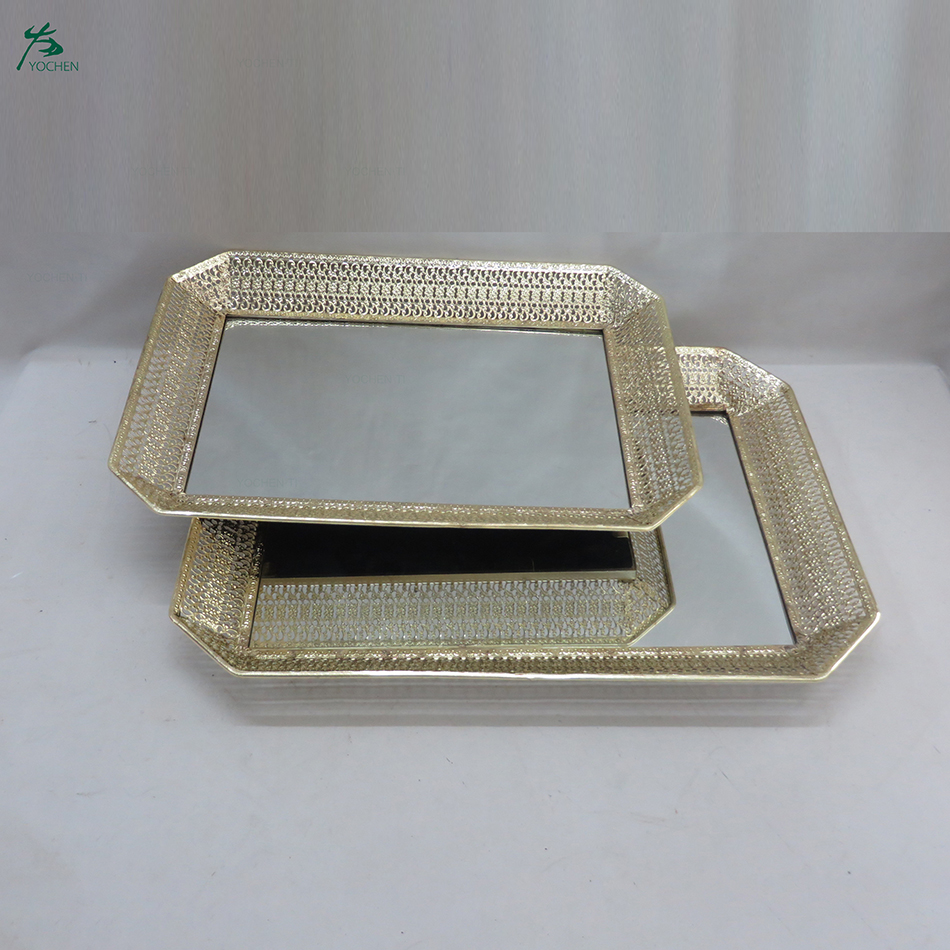 Accent high-end plating metal glass mirror tray set of 2