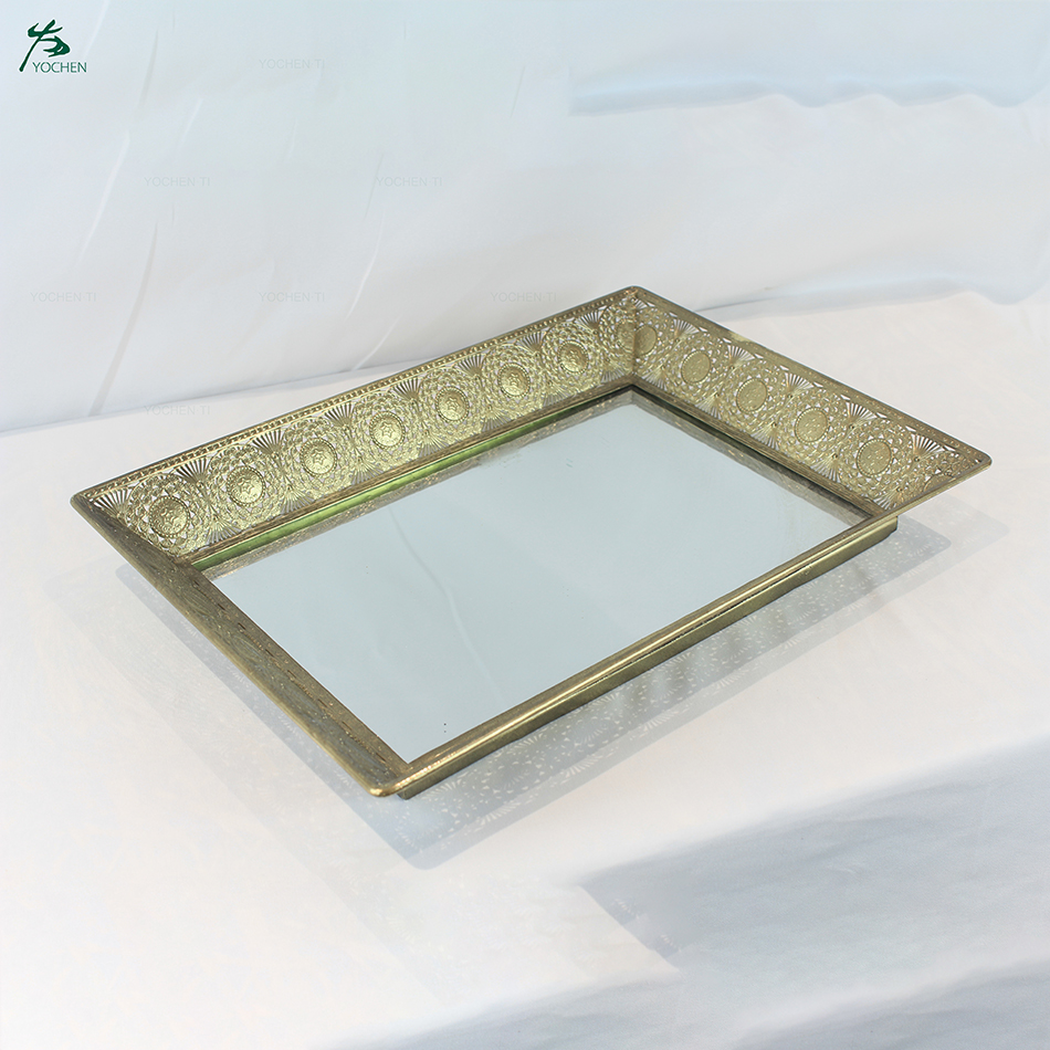 Best sale glass serving cafe mirror tray gold plated mirror tray with handles