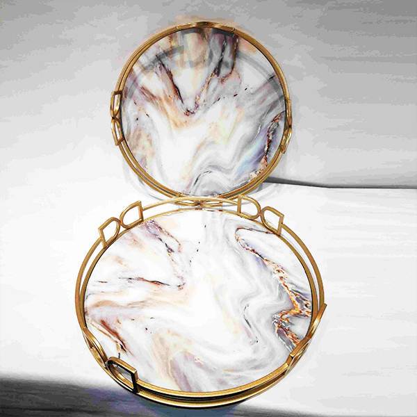 modern round gold serving tray sets with marble base