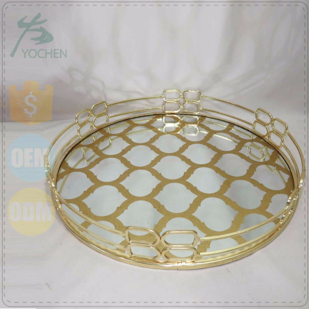 Table Centerpieces Gold-hued Metal Mirrored Glass Tray