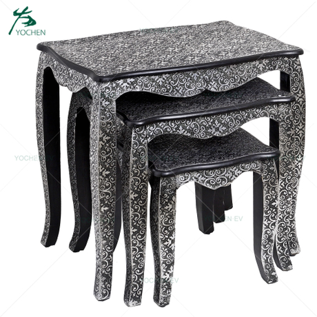 Black Paint Embossed Three Sizes Nesting Wooden End Table