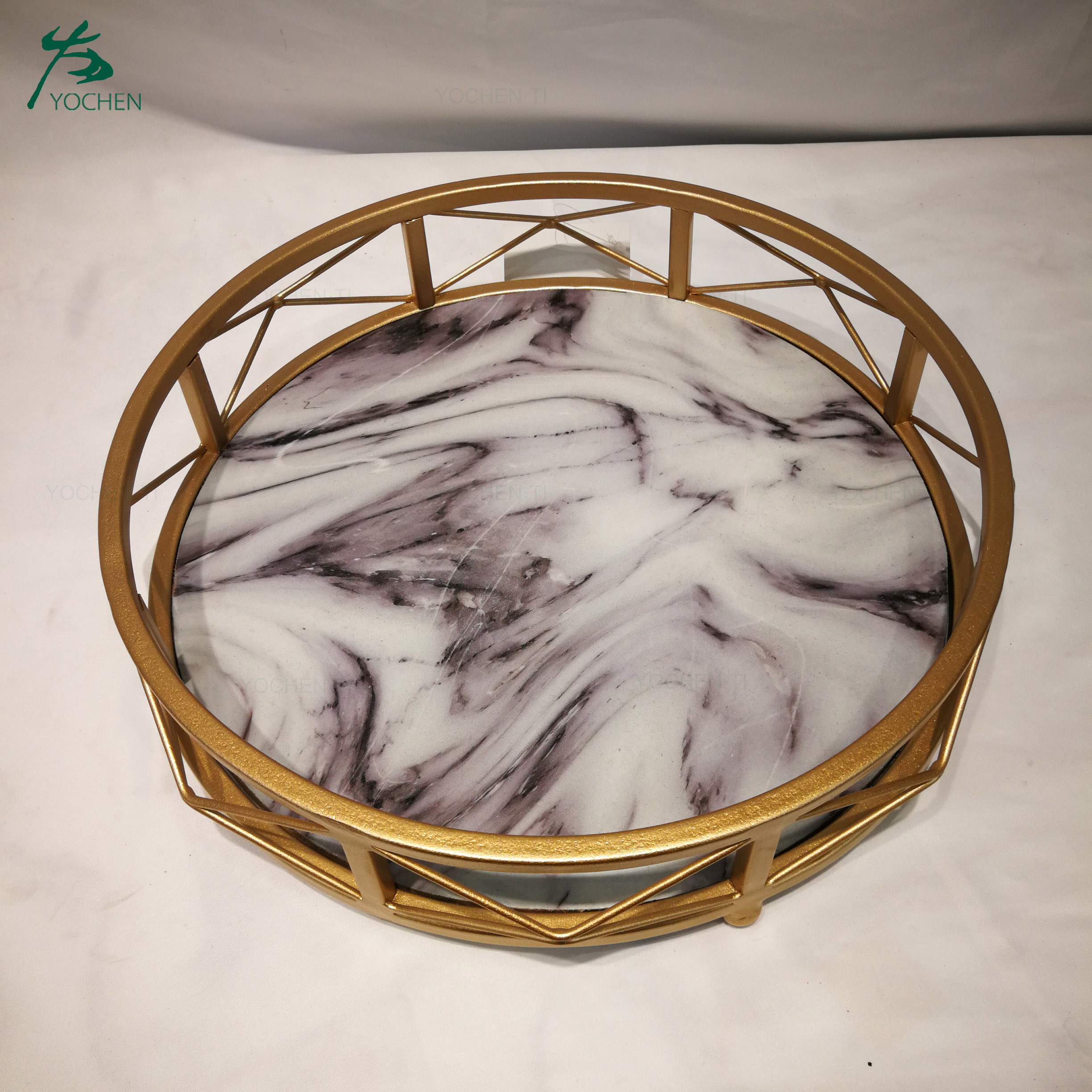 Handmade round artificial marble metal serving tray for home decor and