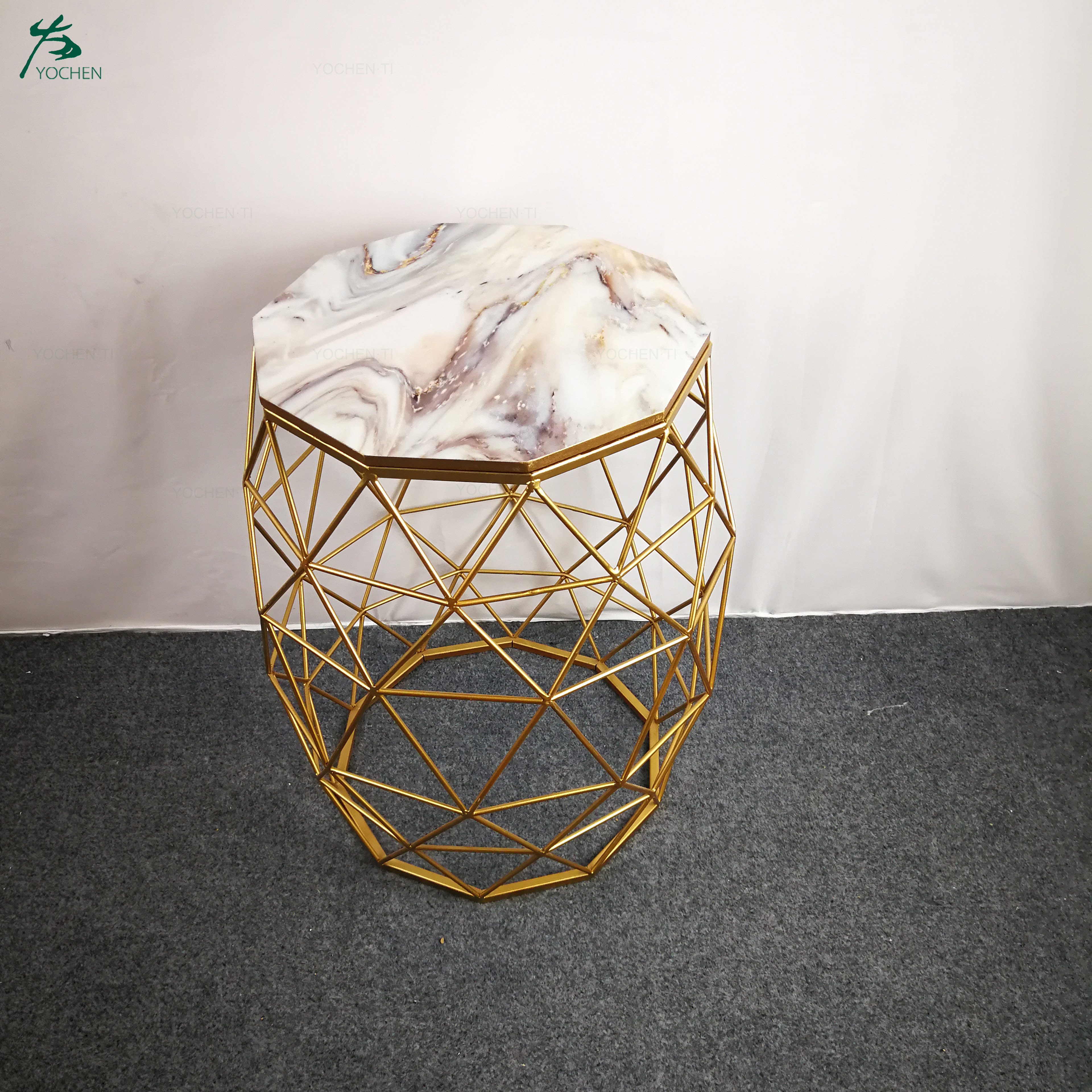 Rectangular Gold-Plated Metal Frame Side Table Marble Top End Table