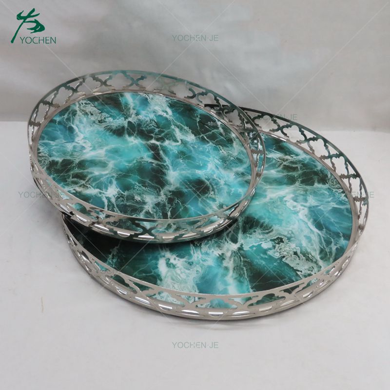 Decorative Round Marble Metal Table Top Serving Tray