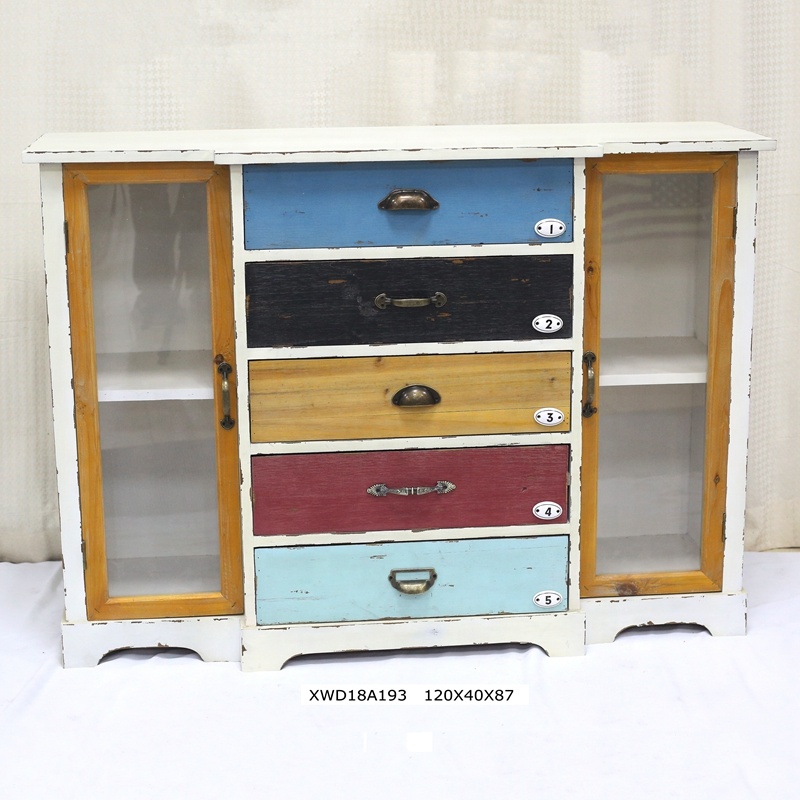 Living Room Antique Multicolor Distressed Wood Storage Cabinet