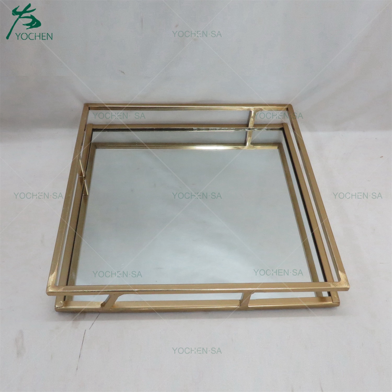 Rectangle Framed Metal Gold Plated Mirrored Serving Tray