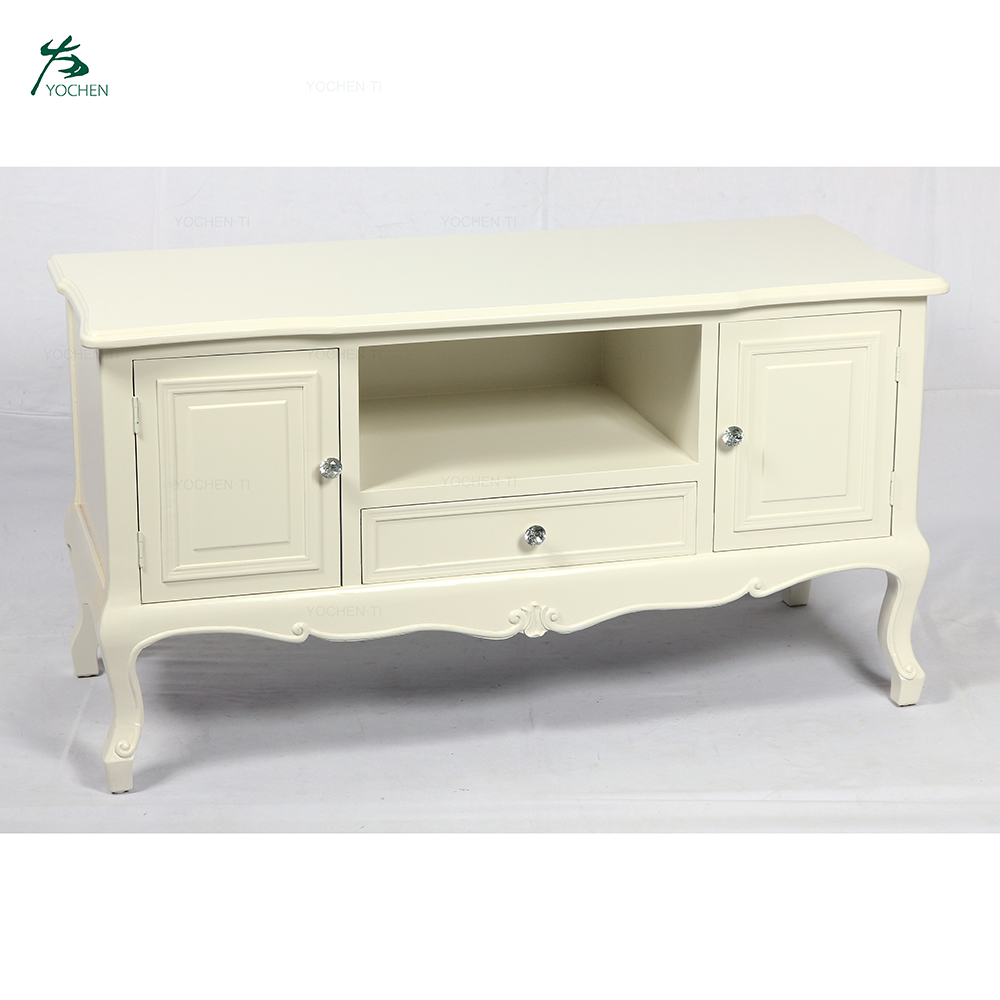 French classic hand carved wooden furniture white tv cabinet for living room