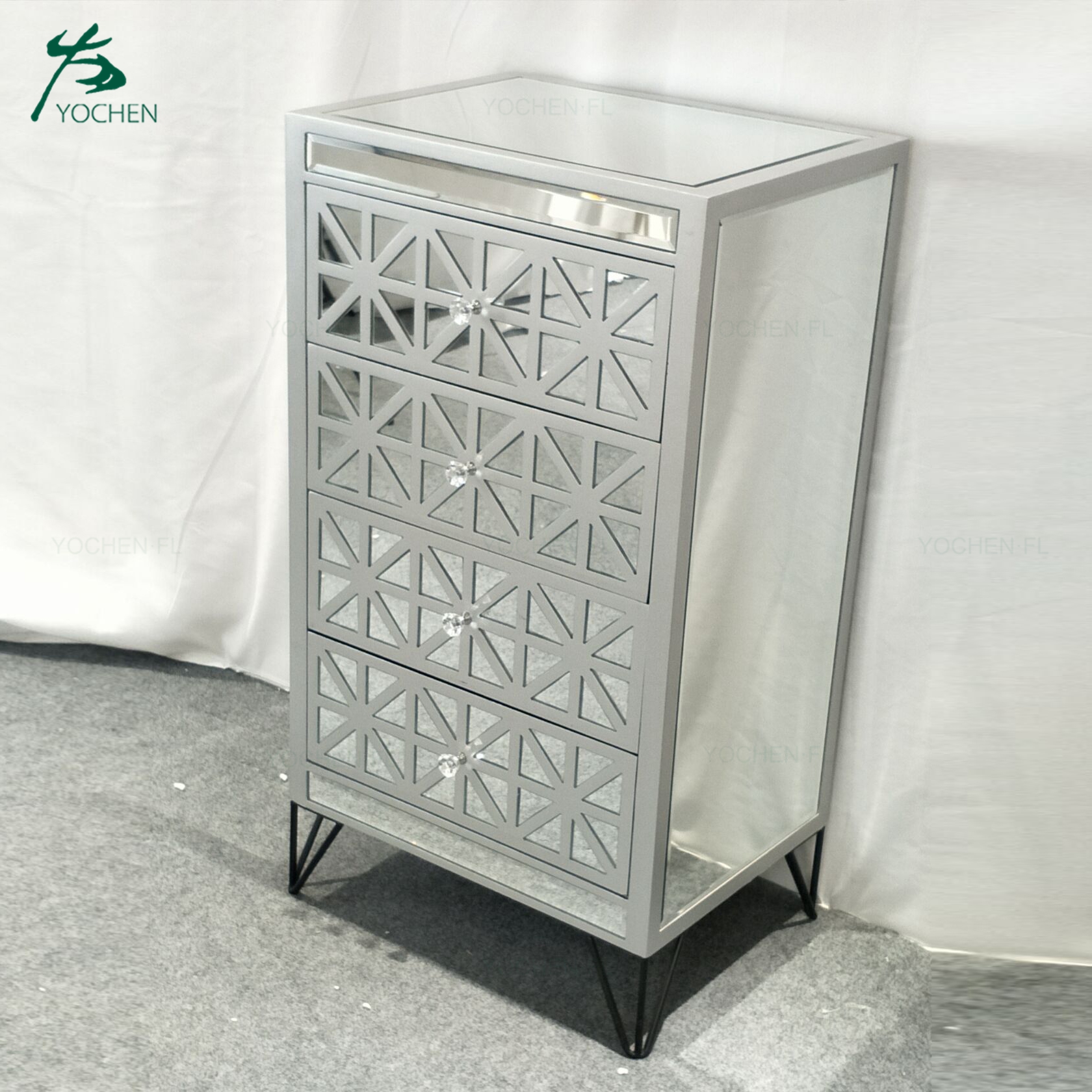 living room decorative silver color painted mirrored tallboy cabinet