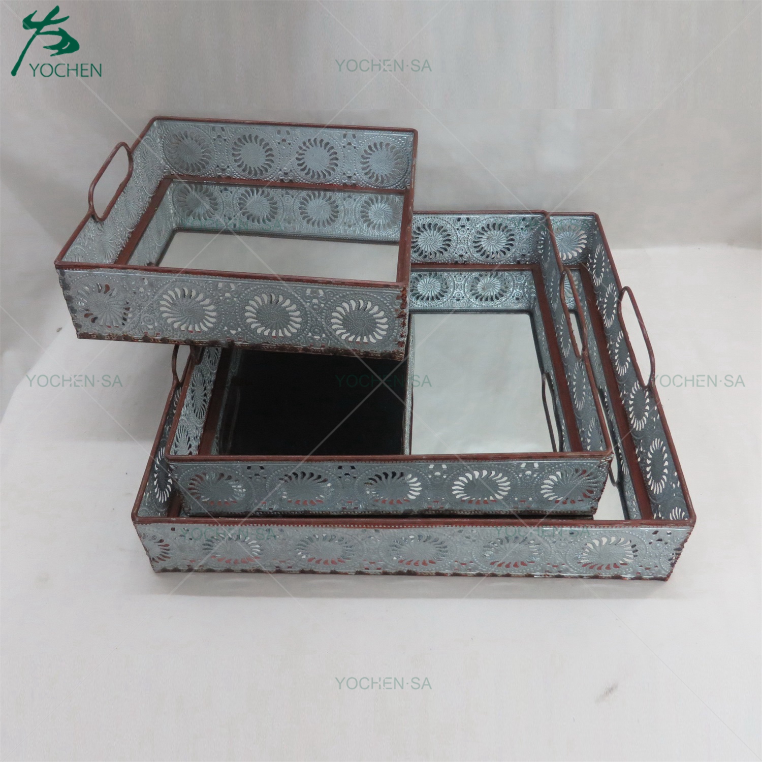 Sexangle Shaped Metal Mirrored Serving Tray Home Decorative Tray