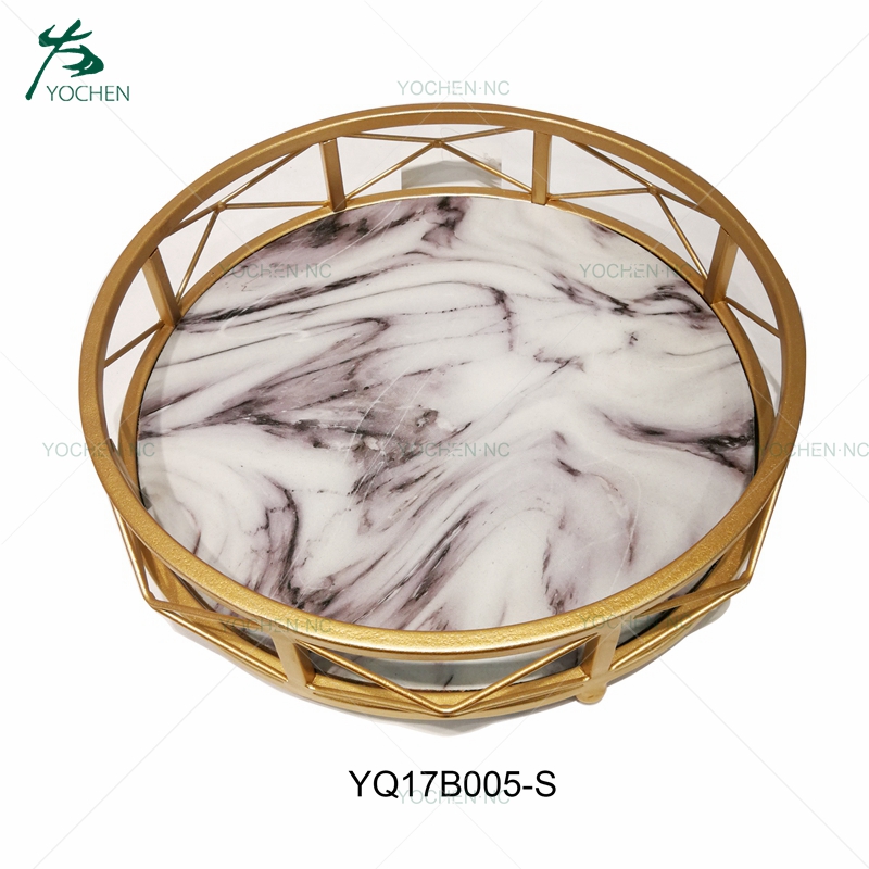 Decorative marble serving mirror metal tray