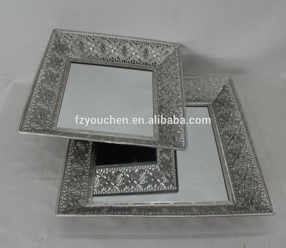 Metal Silver Flower Design Square Mirrored Tray