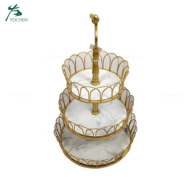 Hotel decorative metal marble storage food tray with legs