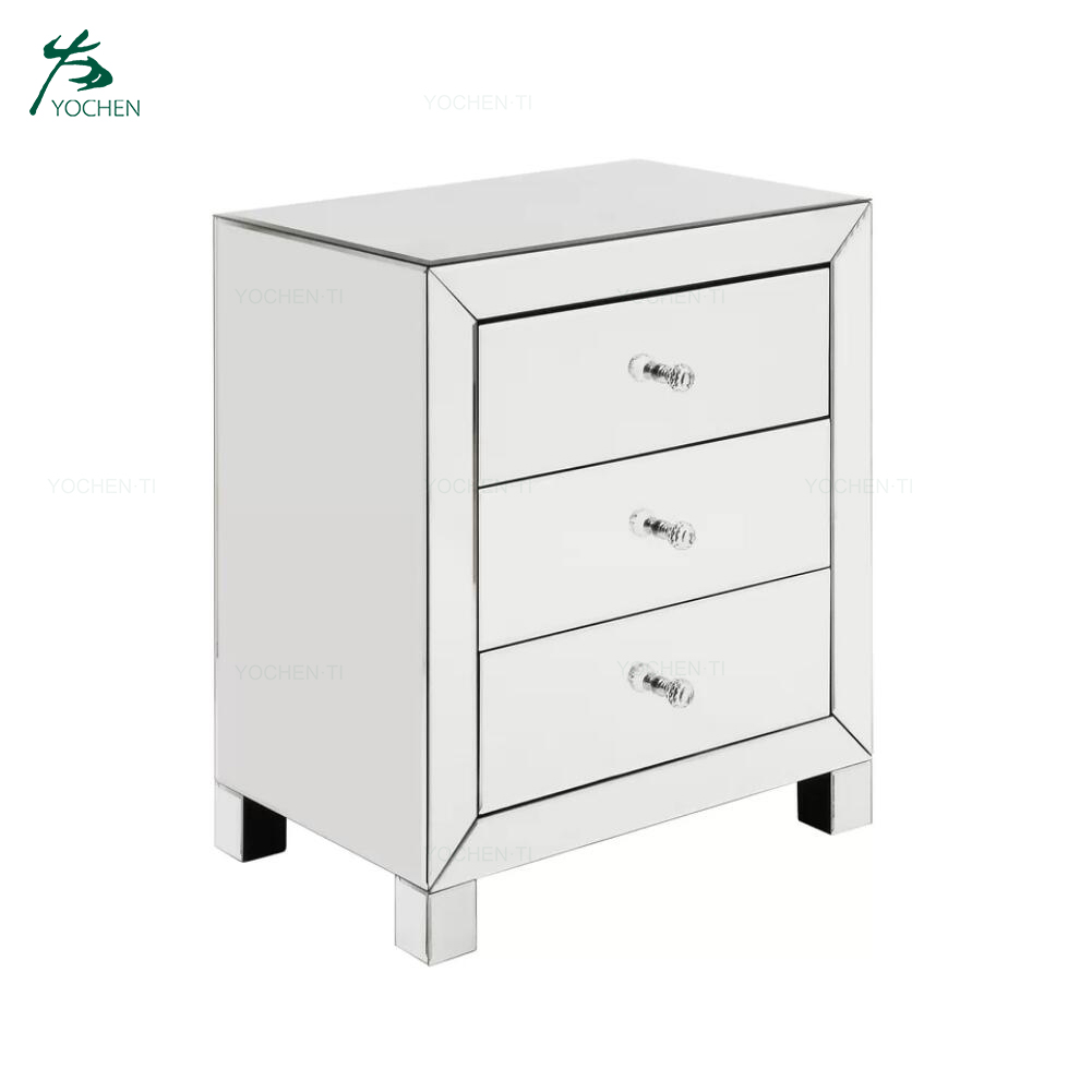 Silver Glass 3-Drawer Mirrored Cabinet Bedside Table Nightstand