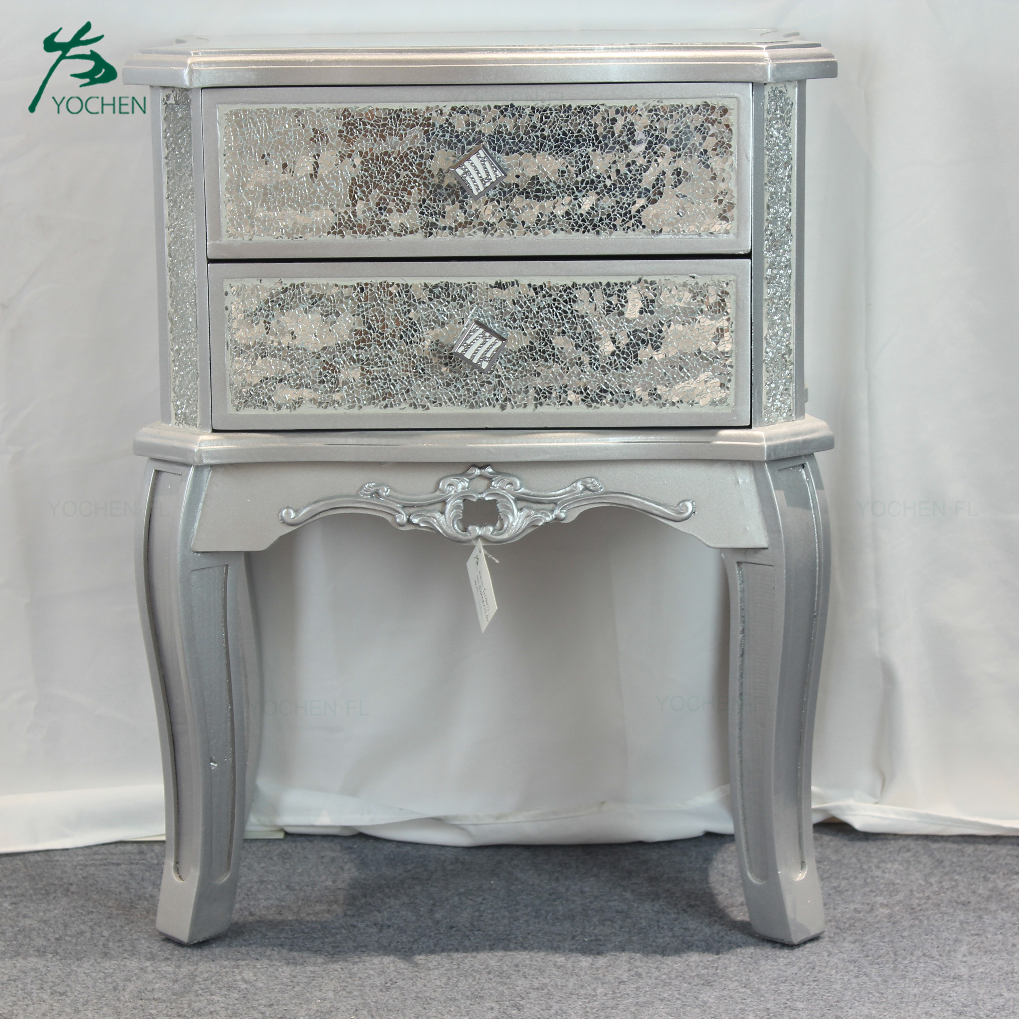 Noble Silver Hand Painted Wooden Mirrored Nightstand Furniture