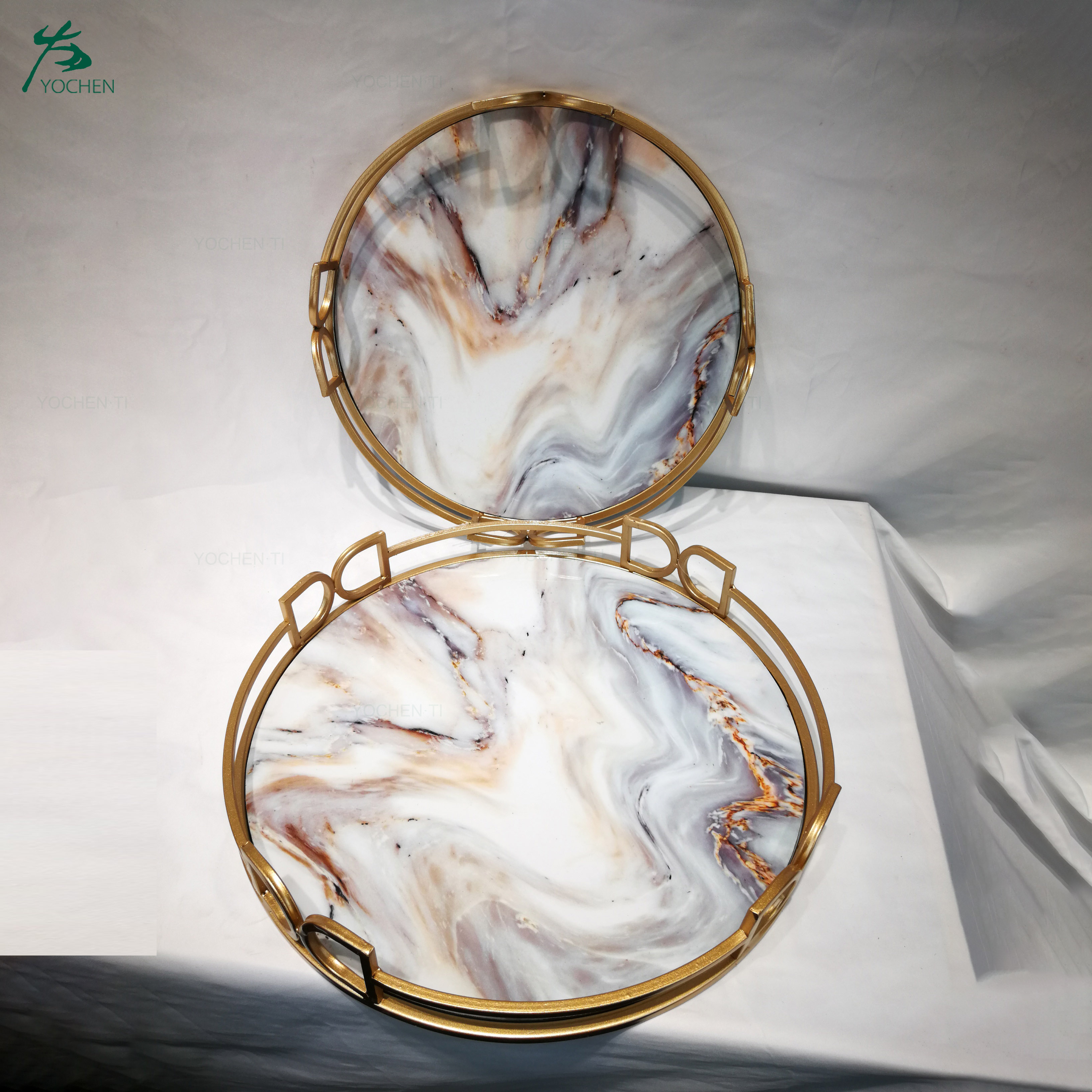 Handmade Gilt Round Marble Serving Tray With Handle