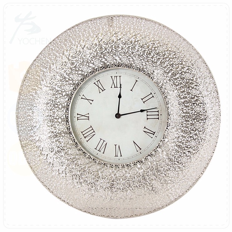 classic antique tinplate silver punched metal round clock