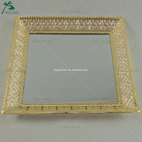 Mirror Glass Decorative Vintage Silver Metal Plate Display Tray