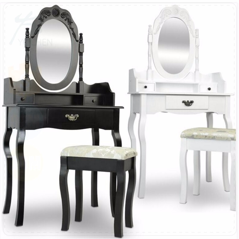 White and Black Vanity Wooden Carving Dressing Table for Girl Makeup