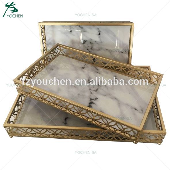 Decorative Faux Marble Top Antique Gold Metal Serving Tray