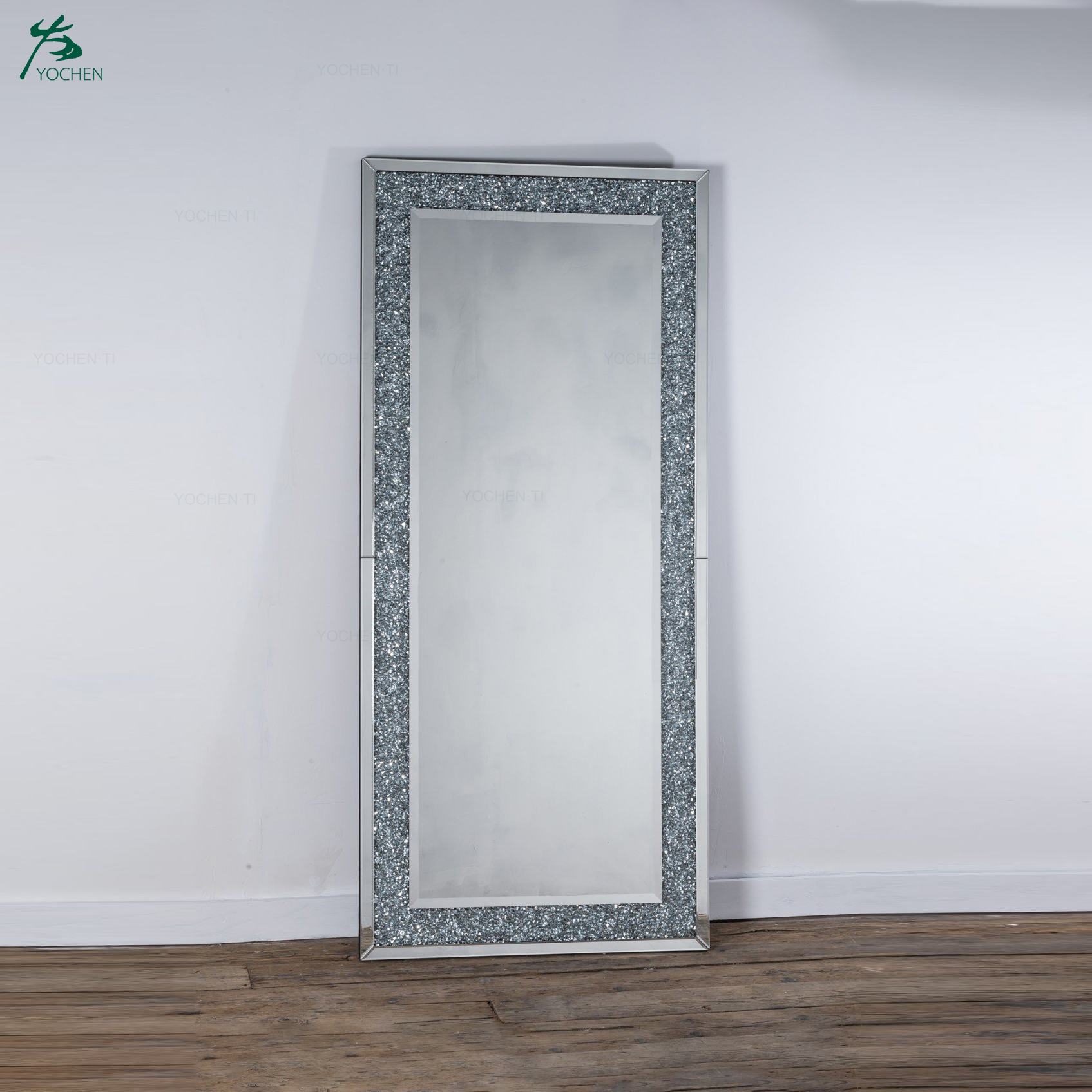 Diamond Crush Mirrored Venetian Glass Large Floor Leaner Mirror