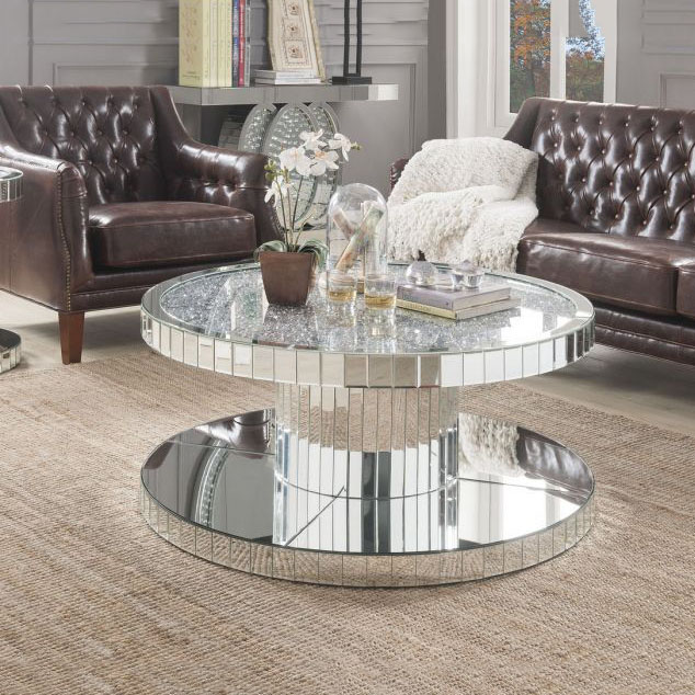 crushed diamond sparkled modern furniture coffee table glass round tea table for home decor