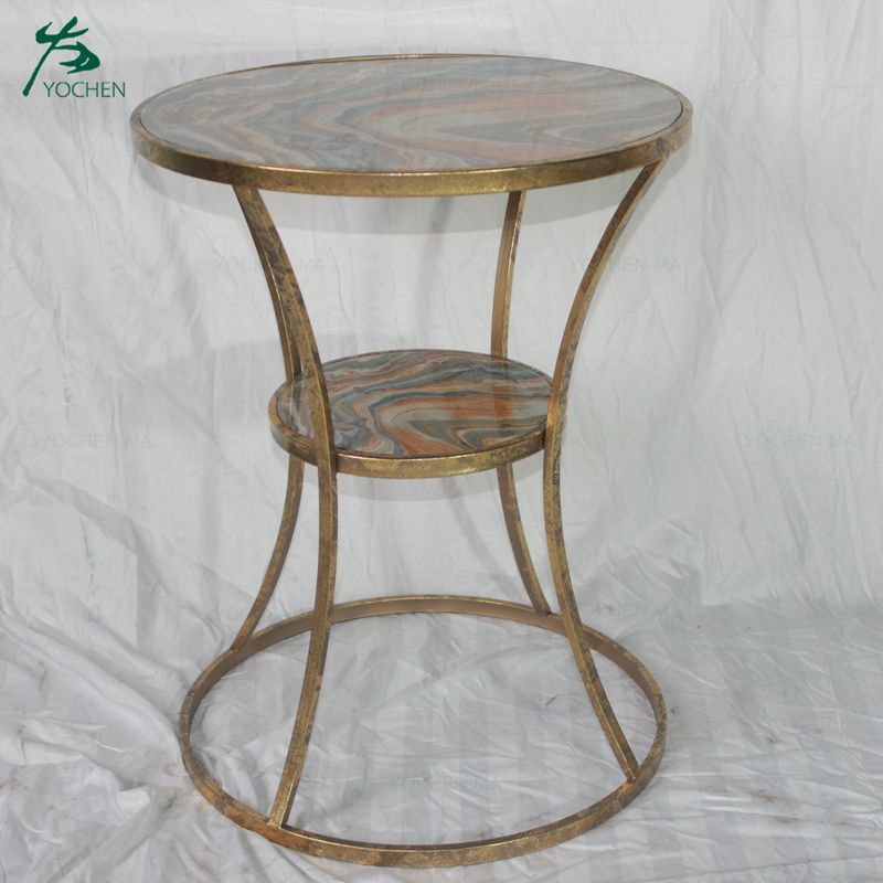 Home furniture coffee table gold finish faux marble top round side table with two tiers