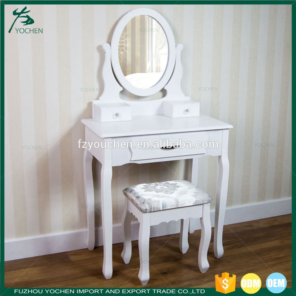 Modern Makeup Vanity White Triple Mirror Dressing Table Mirror with Drawer