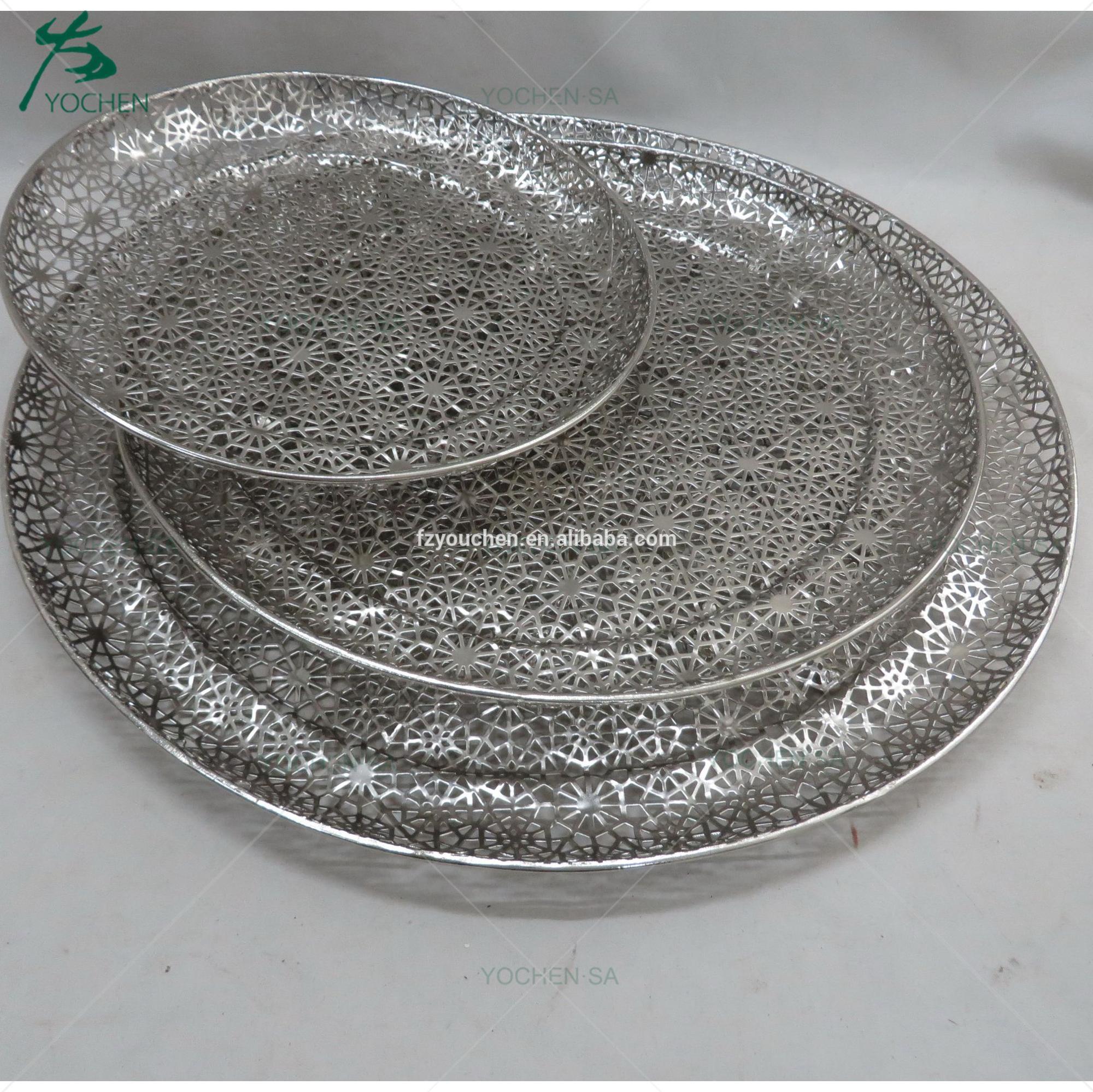 Round Silver Color Tray Open Floral Pattern Metal