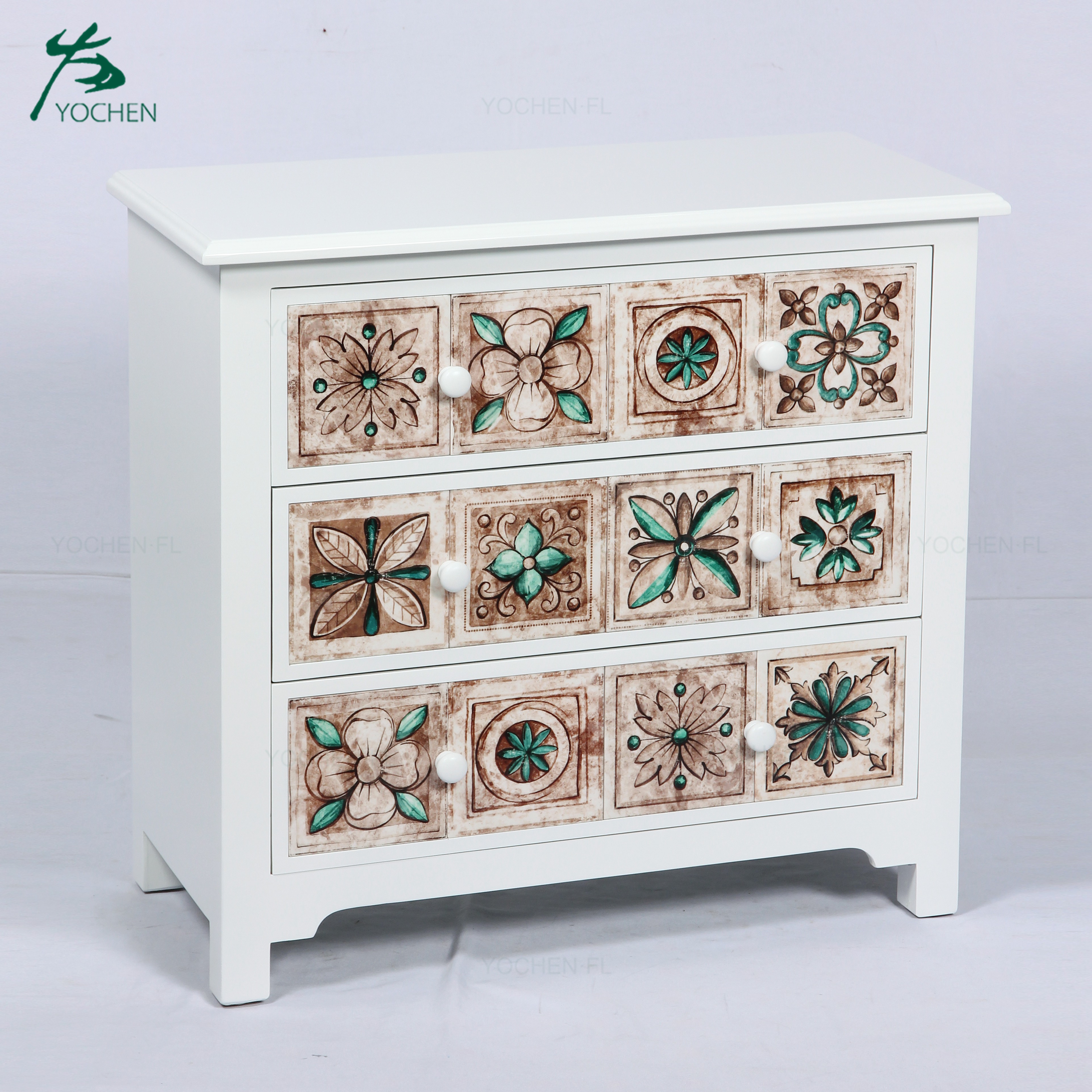 modern french style furniture pattern print glass decorative white wood cabinet