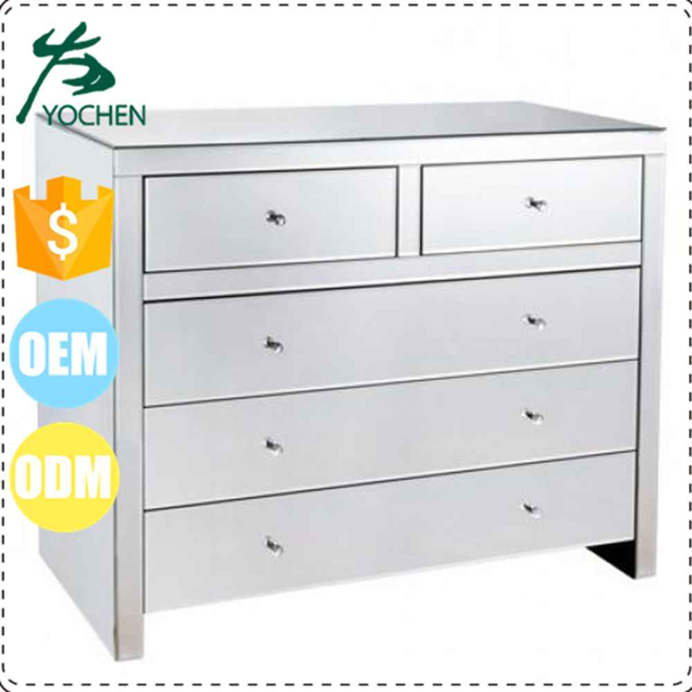 Silver Mirrored 5 Drawers Tall Boy Cabinet
