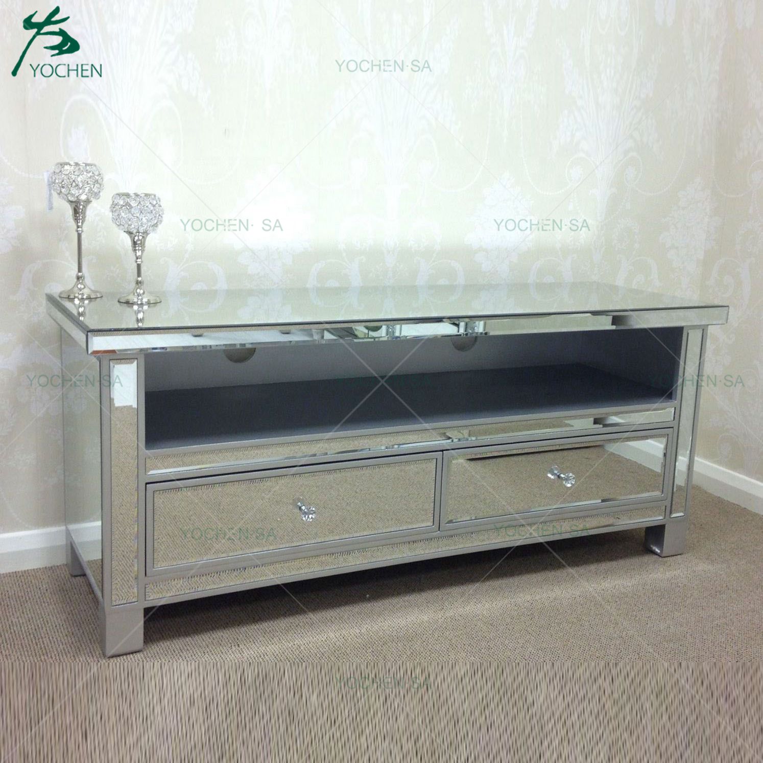 Bedroom Furniture 1 Drawer Mirrored Bedside Cabinet with 1 Shelf