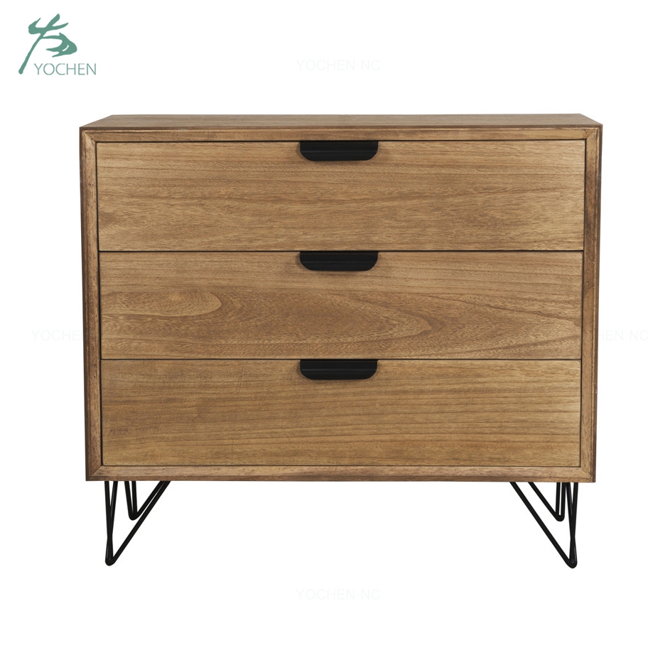 solid wood metal legs wood furniture 3 drawer wooden cabinet