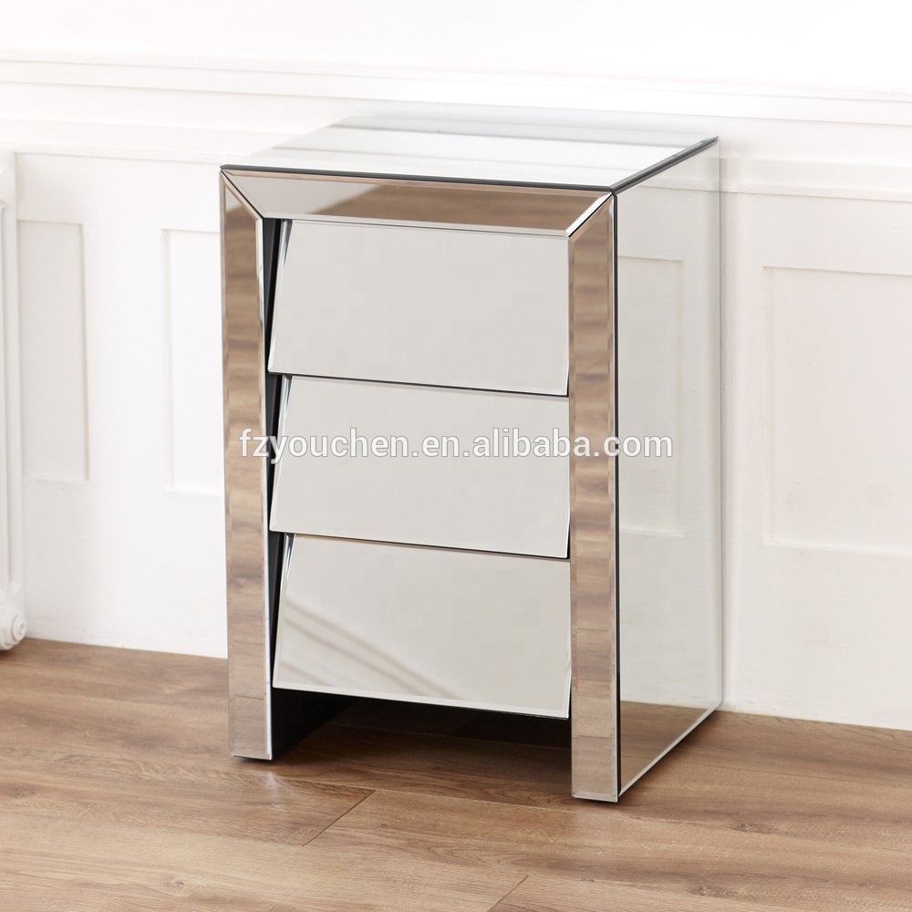 bedside table silver mirrored nightstand with 3 drawers