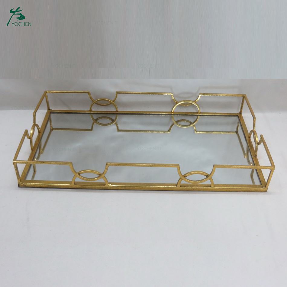 Rectangle Gold Mirrored Glass Metal Serving Tray