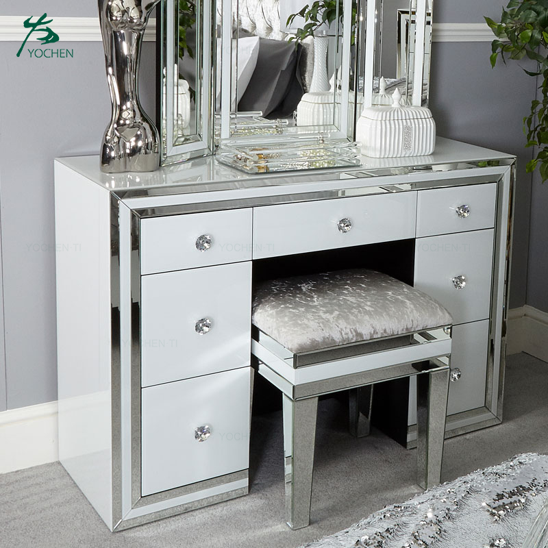 Factory Wholesale OEM White Glass Mirrored 1 Drawer Console Table