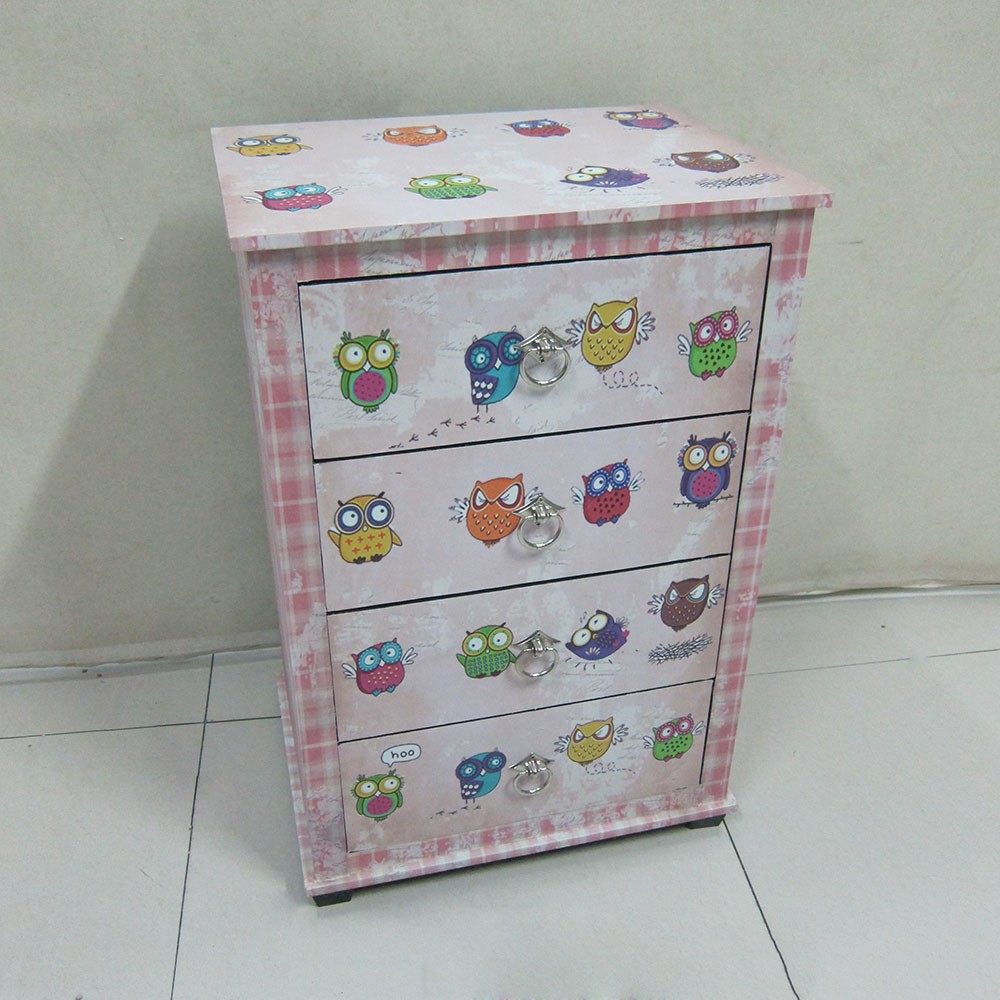 Lovely cartoon owl printing wooden cabinet with 4 drawers for children room
