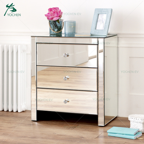 Silver Glass Narrow 3 Drawers Mirrored Chest