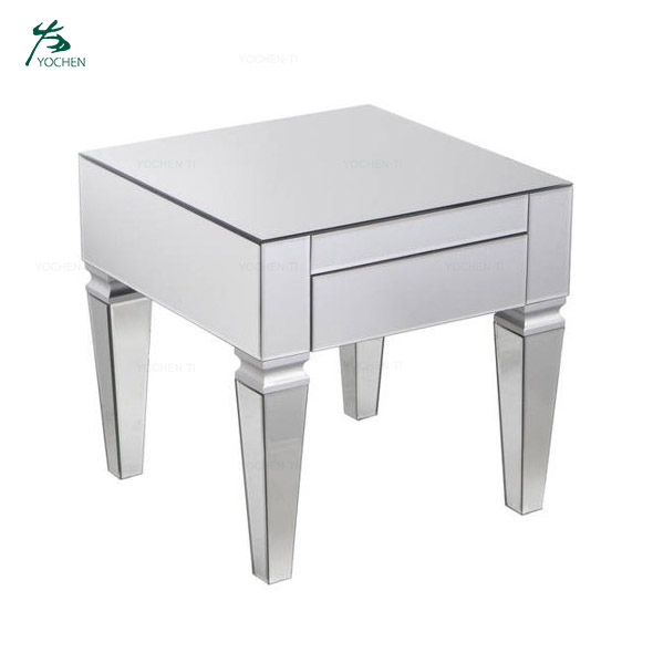Silver Square Glass Mirrored Square End Table With Drawer