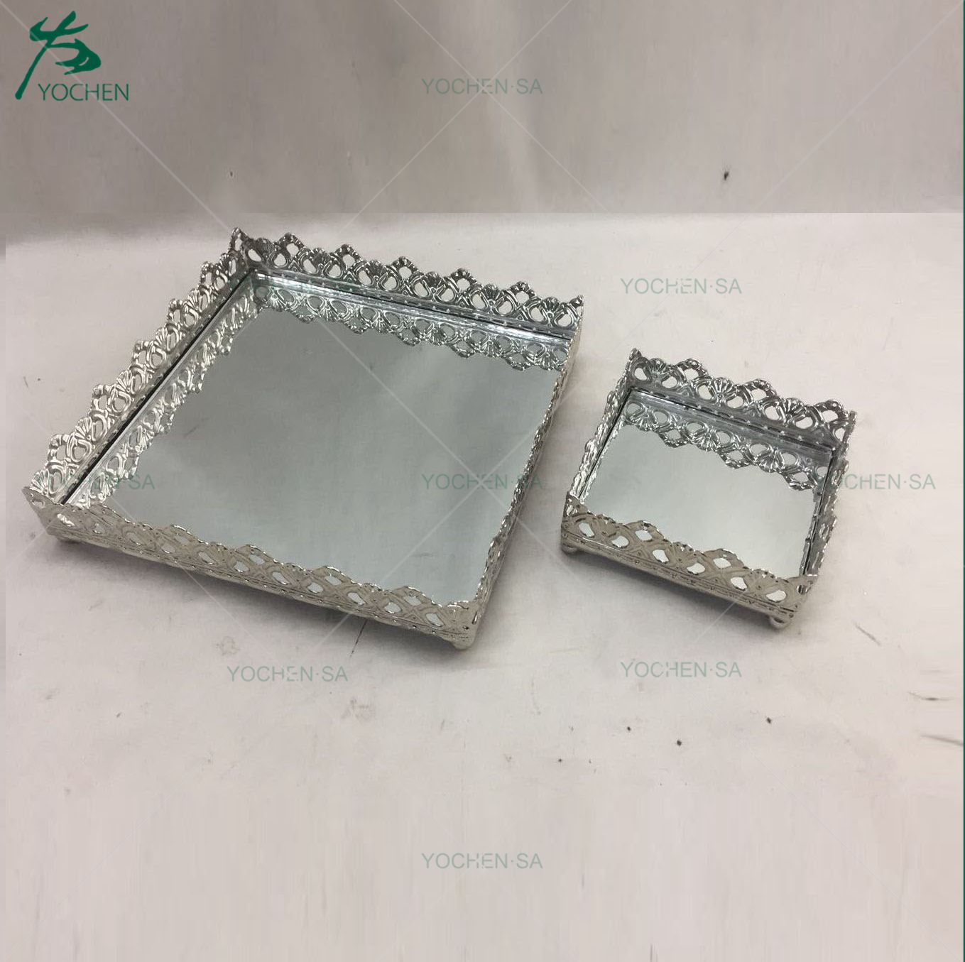 Mirror Glass Decorative Vintage White Metal Serving Tray
