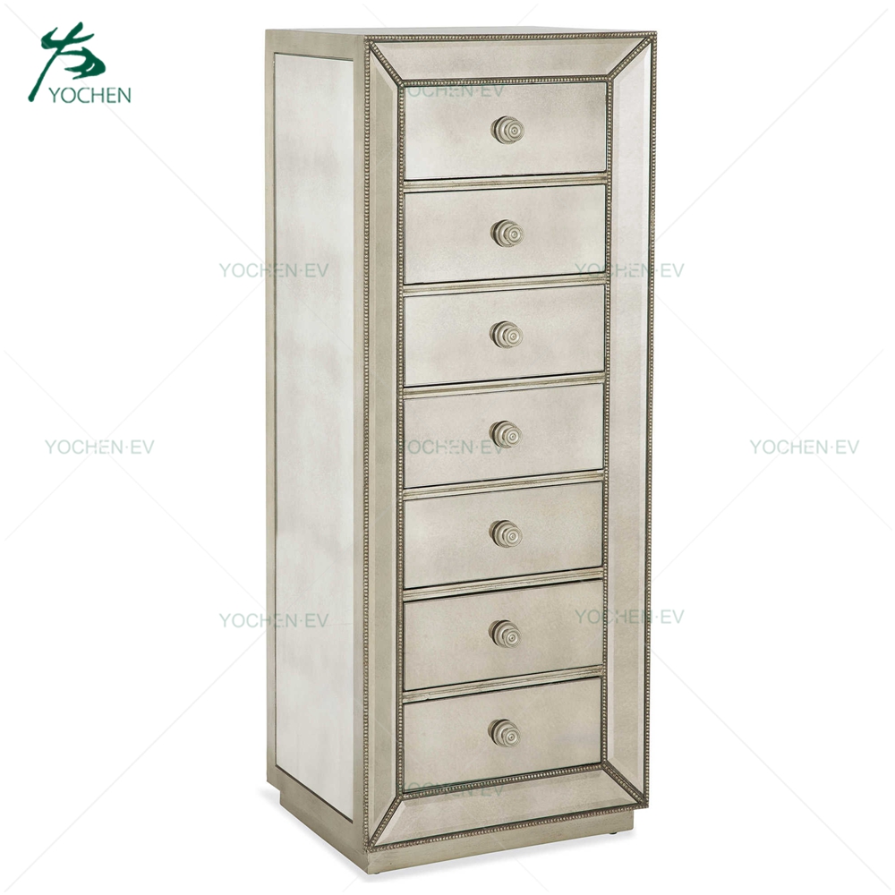 Brushed Antique Silver Mirrored 6 Drawer Low Dresser