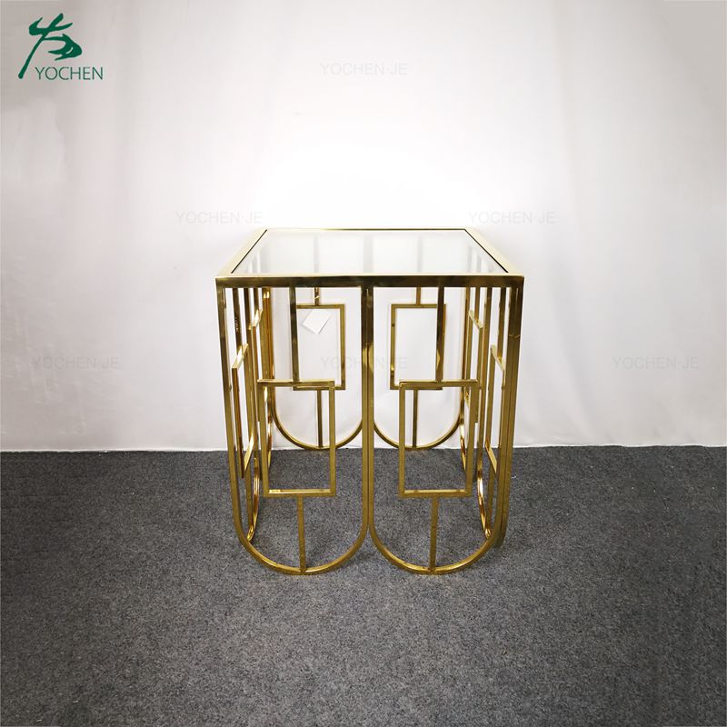 Glass top decorative gold printed metal base console table