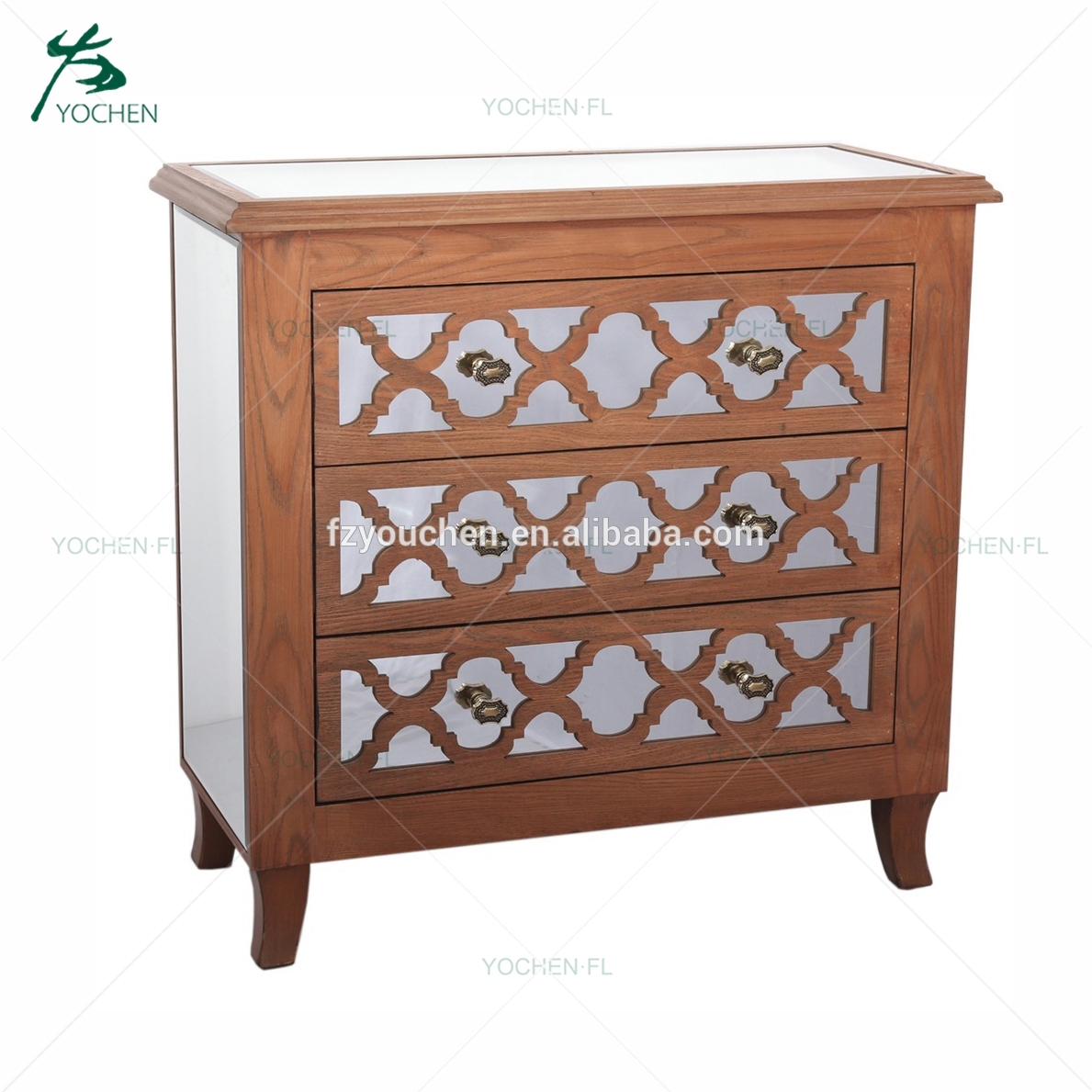 Lattice Whitewash Mirrored Wood 3 drawer chest