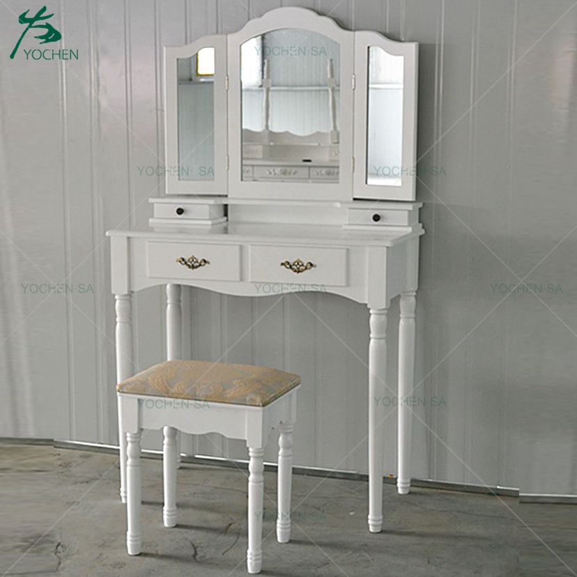 Shabby chic White Painted Wooden Dresser Bedroom Furniture with Folding Mirror