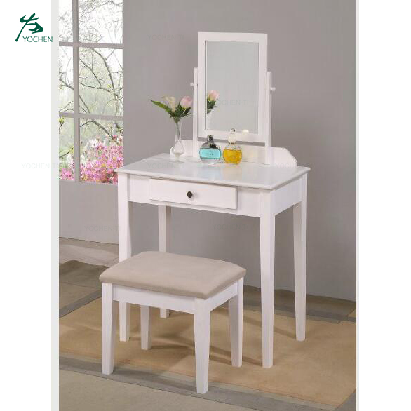 Modern Vanity Dressing Table/Stool, White Finish with Beige Seat