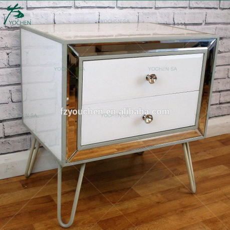 Wood Mirrored Comtempoaray 2 Drawer Bedside Side Table Storage Unit