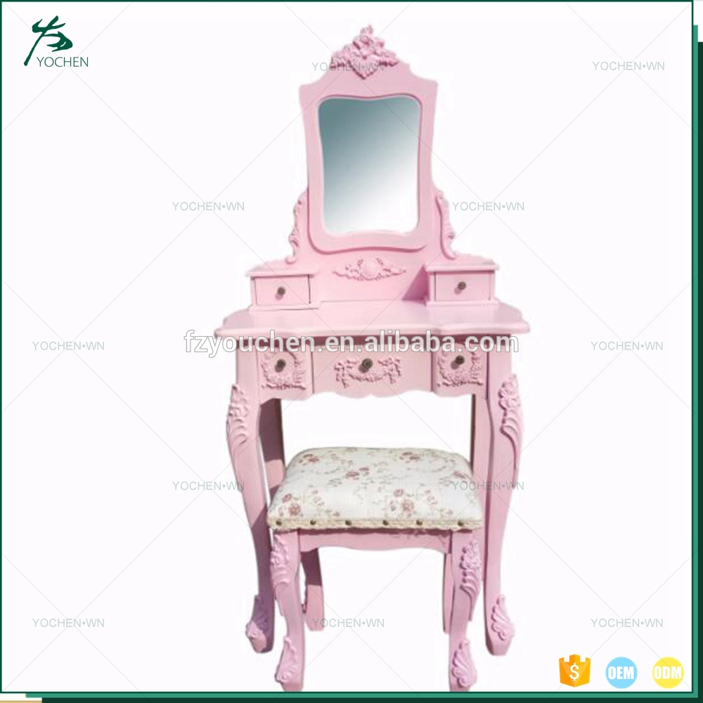 Hot Sale French Country Design Pink Wooden Carved Kids Dresser